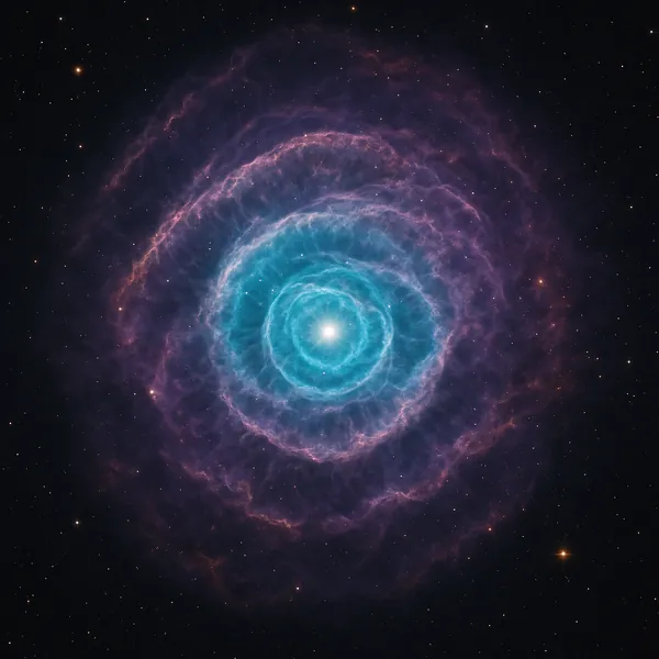Discover a puzzle showing a luminous cosmic nebula radiating from a bright central star, with concentric rings of teal and violet gas set against a field of twi