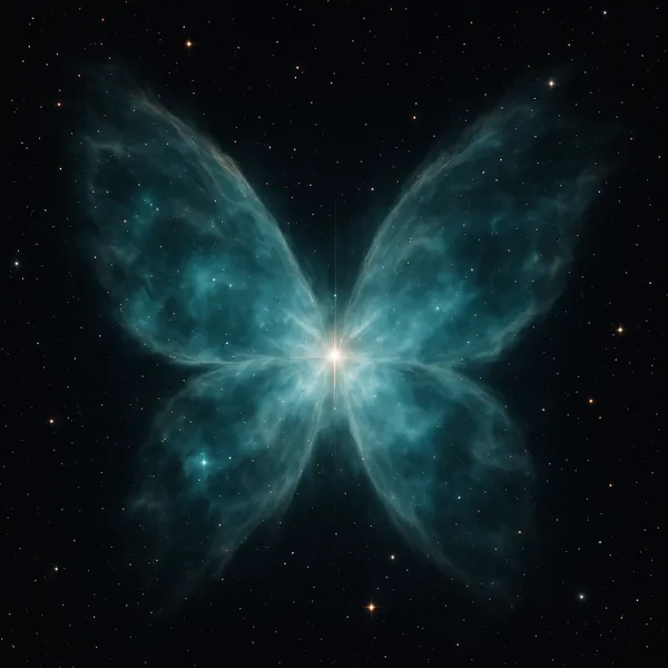 Discover a puzzle with a luminous butterfly-shaped nebula spreading teal-blue gas wings against a deep black starfield, dotted with tiny golden stars and soft g