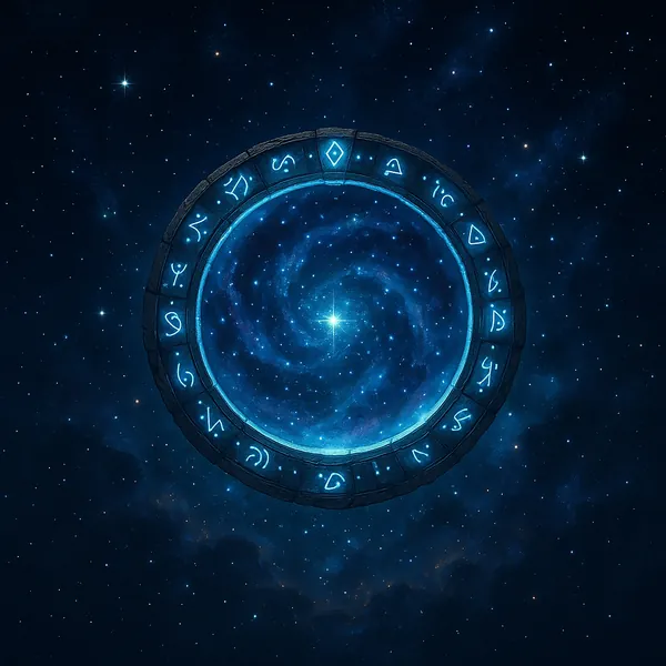 Discover a puzzle with a glowing celestial portal set against a deep, star-filled night — a circular stone ring etched with luminous blue runes surrounds a swir