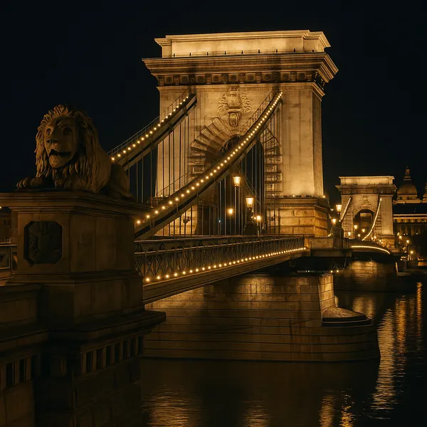 Enjoy assembling a puzzle depicting an elegant nighttime cityscape of a lit suspension bridge with stately stone lions, glowing string lights, and warm golden r