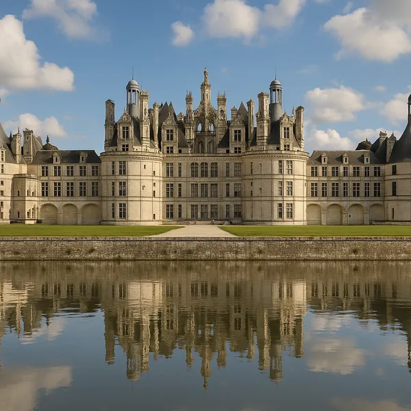 Discover a puzzle with an elegant riverside château mirrored perfectly in still water.