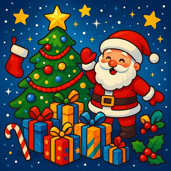Enjoy an online jigsaw puzzle designed for browser play, featuring a cheerful Christmas scene with Santa, a decorated tree, and wrapped presents.