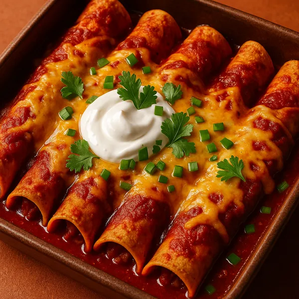 Enjoy assembling a puzzle depicting a close-up of five cheesy enchiladas baked golden in a rich red sauce, topped with a dollop of sour cream and scattered gree