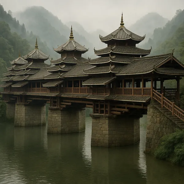 Enjoy assembling a puzzle depicting a graceful covered bridge with tiered pagoda roofs stretching over calm green water, set against misty, forested mountains.
