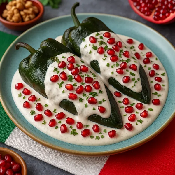 Enjoy assembling a puzzle depicting two vibrant chiles en nogada plated on a turquoise dish — glossy deep-green poblano peppers draped in a creamy white walnut