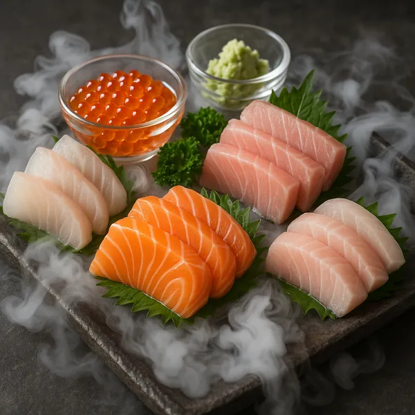 Enjoy assembling a puzzle depicting an elegant sashimi platter with vibrant orange salmon, pale pink tuna, delicate white fish, glossy ikura (salmon roe) and a