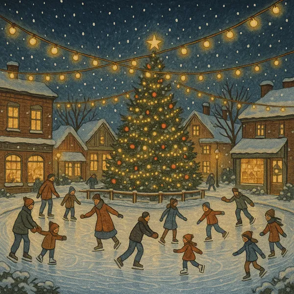 This online jigsaw puzzle features a cozy winter town square scene perfect for holiday and seasonal puzzle lovers.