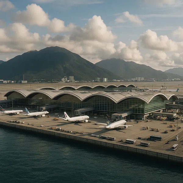 Discover a puzzle with a sweeping airport terminal framed by graceful arched roofs, parked airplanes, and a calm waterfront apron beneath a sky of soft clouds.