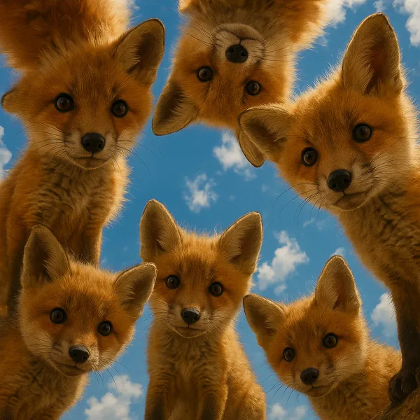 Enjoy an online jigsaw puzzle designed for browser play, featuring a charming circle of fox cubs set against a bright sky — a delightful animals-and-nature scen