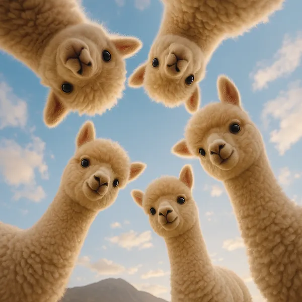 This online jigsaw puzzle features a charming circle of fluffy alpacas peering down against a bright sky, perfect for animal lovers and cozy imagery fans.