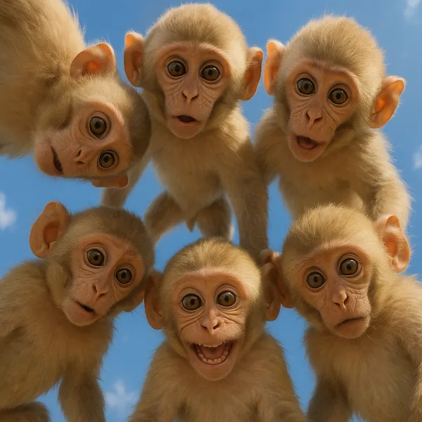 Enjoy an online jigsaw puzzle designed for browser play, featuring a charming cluster of baby monkeys against a bright sky.