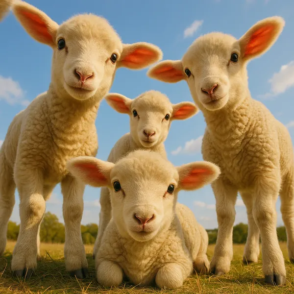 Play an online jigsaw puzzle in your browser that shows an adorable group of lambs in a sunny field, perfect for animal and nature lovers.
