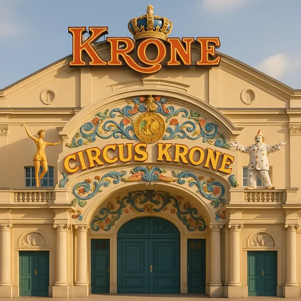 Enjoy assembling a puzzle depicting the ornate façade of a vintage circus theater, with bold "CIRCUS KRONE" lettering crowned by a regal sign and playful statue