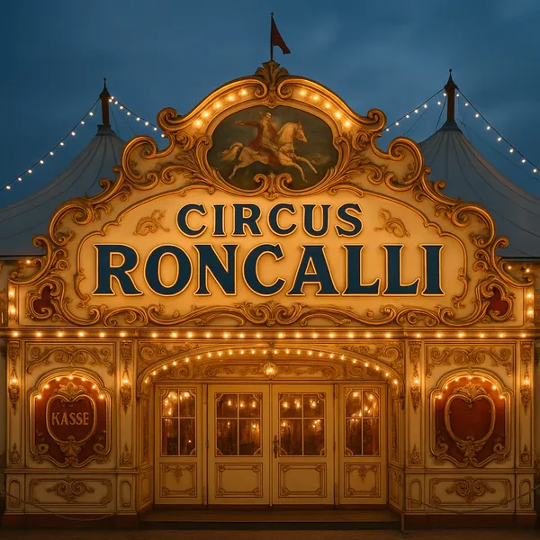 Enjoy assembling a puzzle depicting the ornate facade of a vintage circus entrance lit by warm golden bulbs against a dusky blue evening sky.