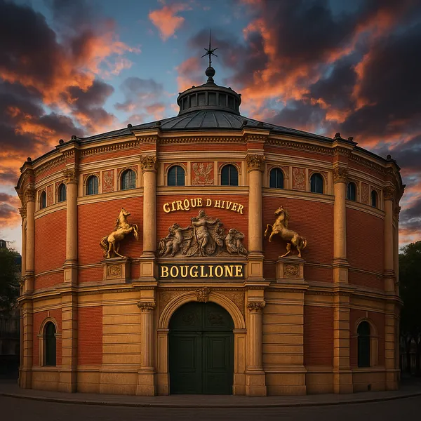 Discover a puzzle with a striking historic rotunda bathed in warm golden light — the ornate red-brick façade, classical columns, gilded horse sculptures, and th