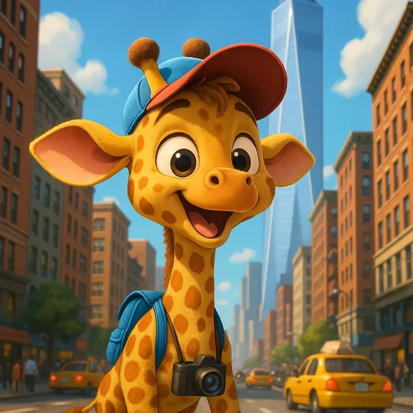 Enjoy assembling a puzzle depicting a cheerful cartoon giraffe wearing a cap and backpack in a sunny city street, bright yellows and warm oranges contrasting wi