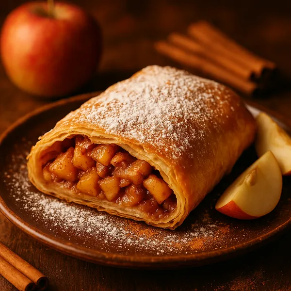 Enjoy assembling a puzzle depicting a golden apple strudel dusted with powdered sugar and filled with cinnamon-spiced apple chunks.