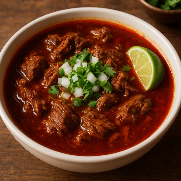 Discover a puzzle with a steaming bowl of rich red beef stew topped with chopped white onion and fresh green cilantro, finished with a bright lime wedge.