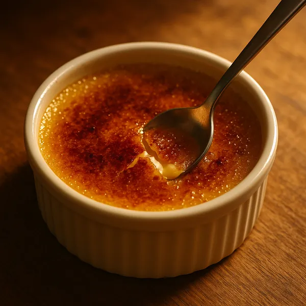 Discover a puzzle with a close-up of a creamy crème brûlée in a white ramekin, its glistening caramelized top golden-brown as a spoon gently cracks the crisp cr