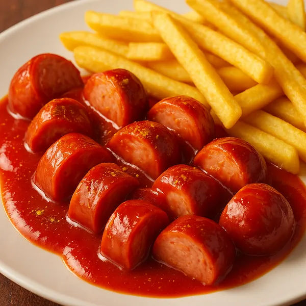 Discover a puzzle with a close-up of sliced sausages glazed in glossy red sauce alongside golden fries on a white plate.