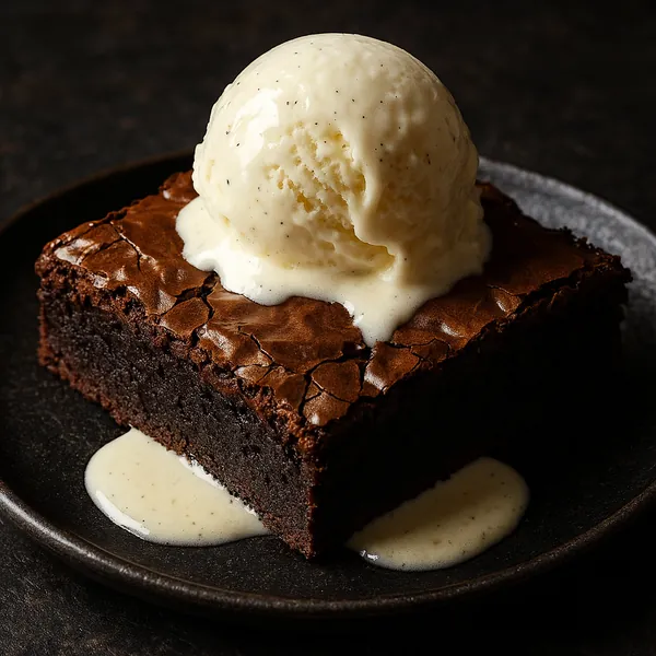 Discover a puzzle with a decadent chocolate brownie topped by a scoop of creamy vanilla ice cream melting softly over its crackled top.