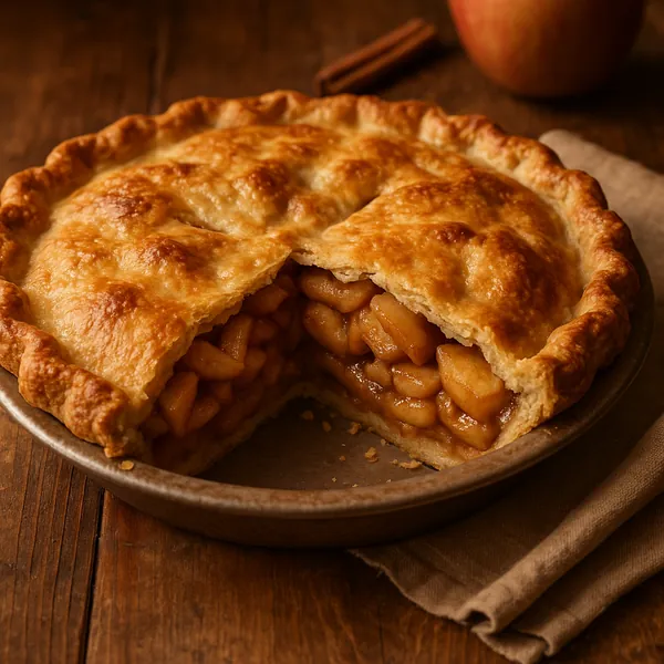 Discover a puzzle with a warm, golden-brown apple pie fresh from the oven, its flaky crust glowing against a rustic wooden table.