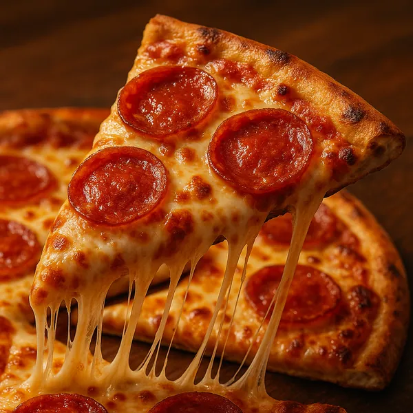 Enjoy assembling a puzzle depicting a close-up pepperoni pizza slice with golden-brown crust and long, gooey cheese pulls.