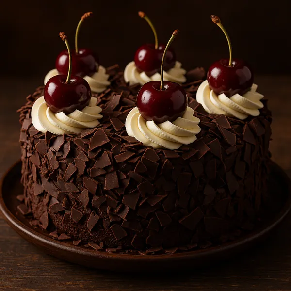Enjoy assembling a puzzle depicting a decadent chocolate cake topped with glossy dark cherries and swirls of creamy white frosting.