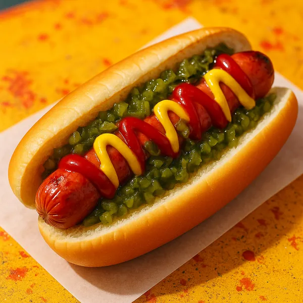 Try solving a puzzle that shows a close-up, mouthwatering hot dog with a golden soft bun, a grilled sausage streaked with glossy ketchup and bright yellow musta