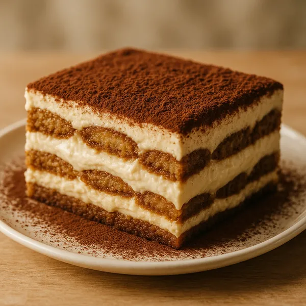 Enjoy assembling a puzzle depicting a close-up slice of creamy tiramisu on a simple plate, with distinct layers of coffee-soaked ladyfingers and velvety mascarp