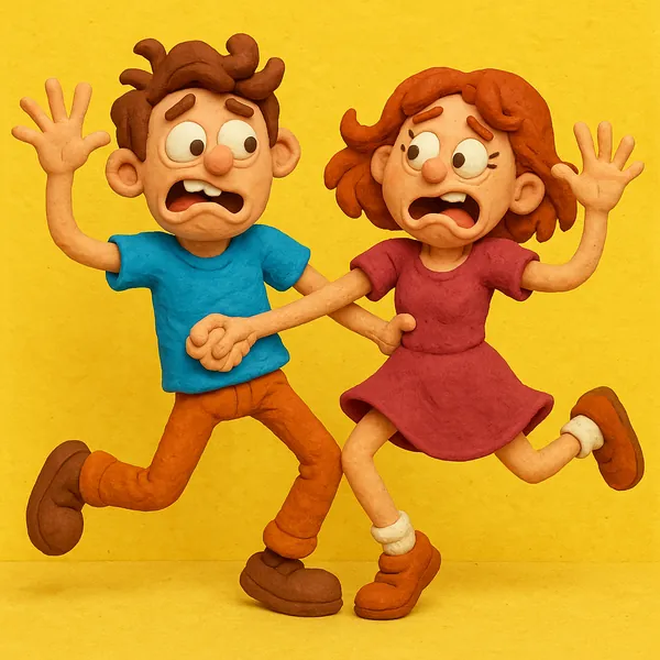 Enjoy assembling a puzzle depicting two playful clay characters — a wide-eyed boy in a blue shirt and a surprised girl in a red dress, clutching hands and mid-s