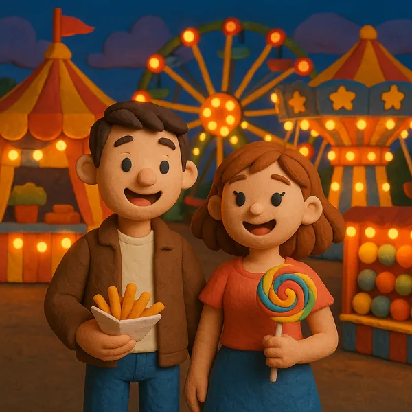Discover a puzzle with a cheerful fairground scene where two smiling clay-style characters enjoy fries and a colorful lollipop against a backdrop of glowing fer