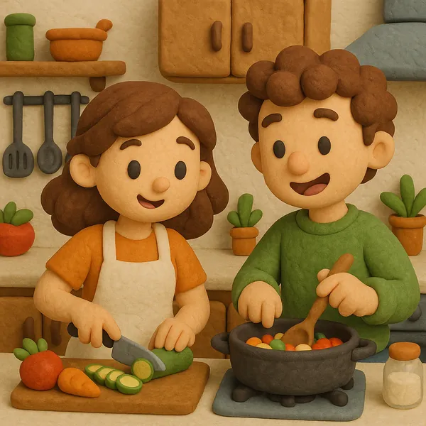 Discover a puzzle with a charming clay-style scene of a smiling couple cooking together in a cozy kitchen — warm earth tones, soft greens and oranges, and playf