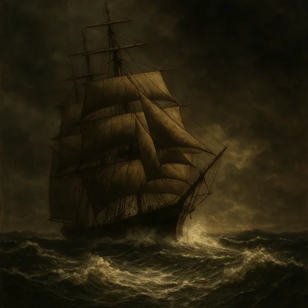 Discover a puzzle with a majestic tall ship braving a stormy sea, its full sails catching a ghostly, sepia-toned light against a brooding, cloud-filled sky.