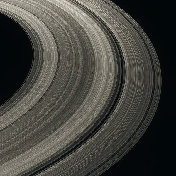 Discover a puzzle with sweeping silvery-gray rings arcing across a deep black background, rendered in fine, textured bands that catch the eye.