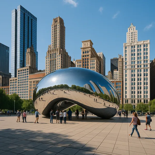 Discover a puzzle with a gleaming reflective sculpture set against a backdrop of tall, elegant city buildings and a clear blue sky.