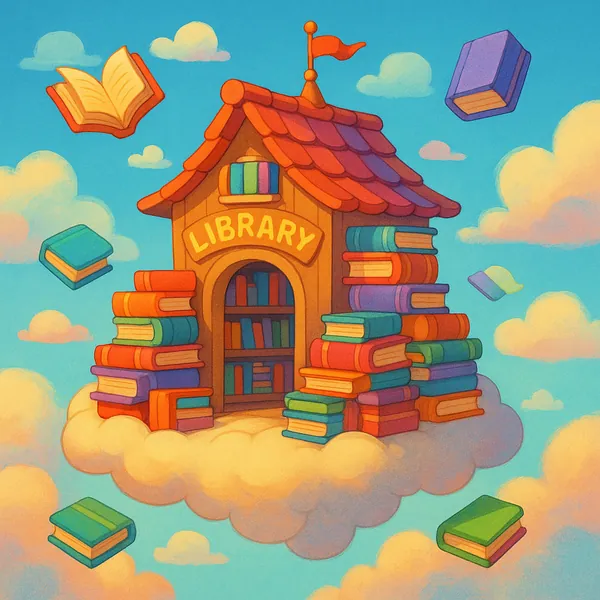 Enjoy assembling a puzzle depicting a whimsical floating library perched on a soft cloud, surrounded by stacks of colorful books drifting through a pastel blue