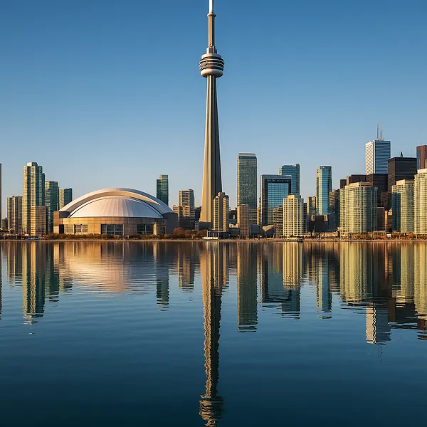 Discover a puzzle with a serene city skyline reflected perfectly on still water, featuring modern glass skyscrapers, a distinctive tall observation tower and a