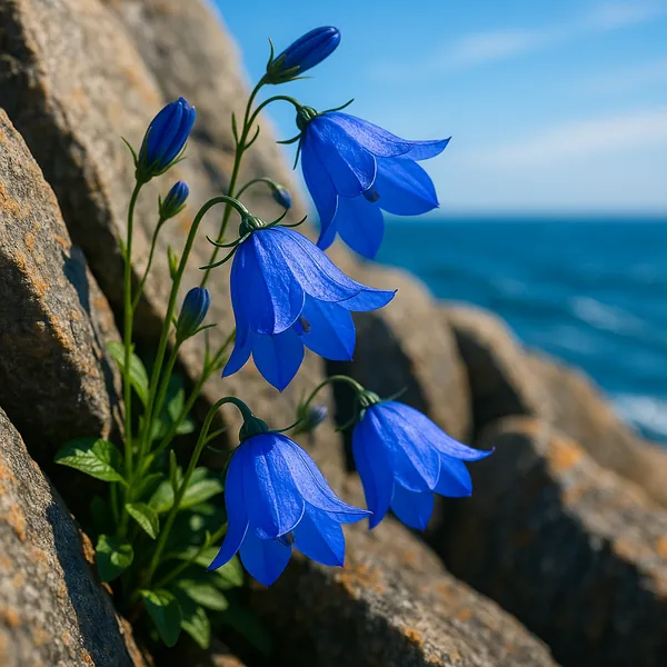 Discover a puzzle with vivid blue bellflowers clinging to sun-warmed coastal rocks, set against a bright sky and the deep turquoise of the sea.