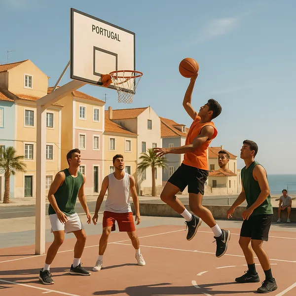 This online jigsaw puzzle features a vibrant seaside basketball scene perfect for browser play, combining sports action with a sunlit coastal town backdrop.