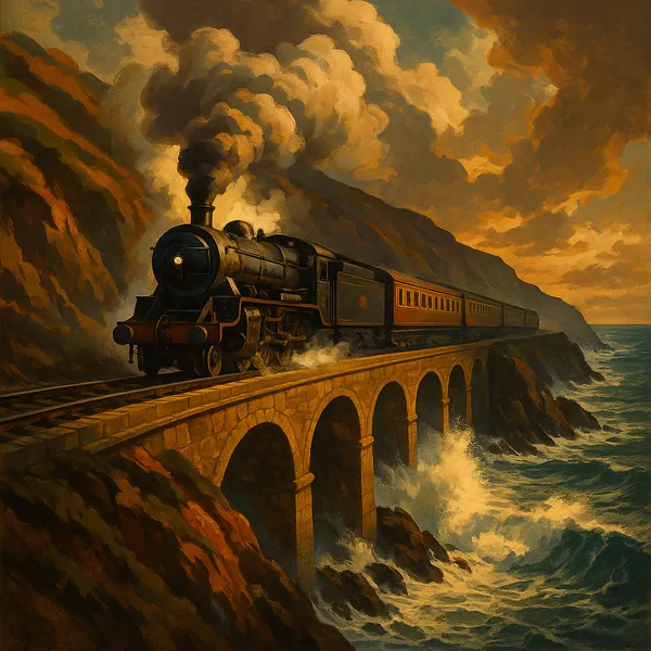 Discover a puzzle with a vintage steam train thundering along a stone viaduct above a wild, wave-crashed coastline on PuzzleFree.Game.