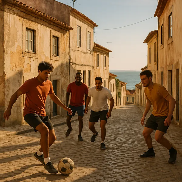 Enjoy an online jigsaw puzzle designed for browser play, featuring a lively street soccer scene set in a sunlit coastal town.