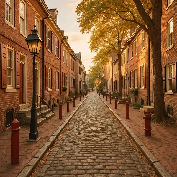 Discover a puzzle with a serene cobblestone street lined by charming red‑brick rowhouses, classic lamp posts, and warm autumn trees bathed in golden light.