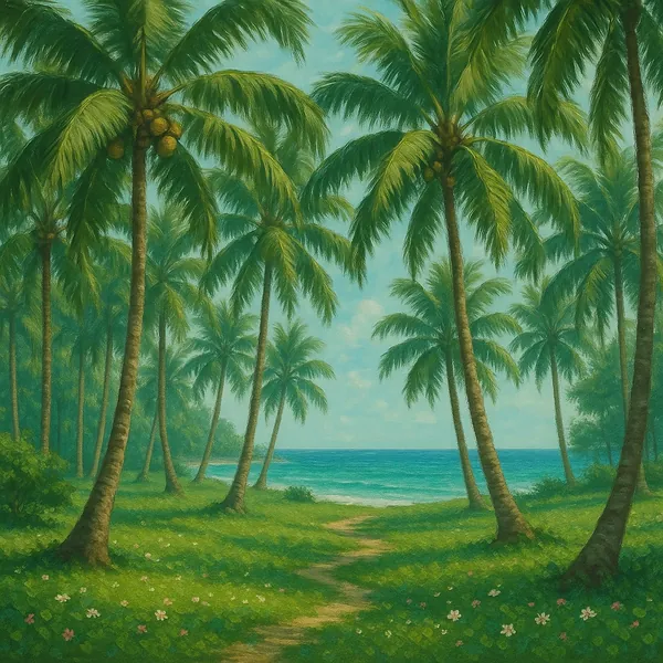 Discover a puzzle with a tranquil tropical beach scene framed by tall, swaying palm trees and a sandy path leading to a calm turquoise ocean.