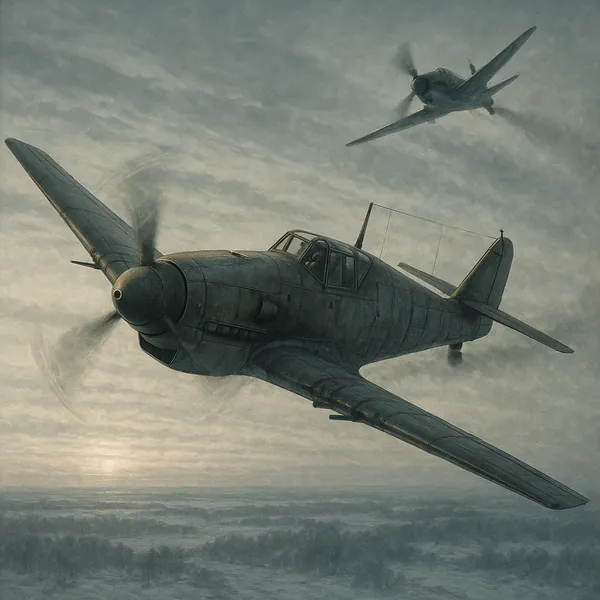 Discover a puzzle with two vintage propeller planes cutting through a misty, muted sky above a soft, fog-covered landscape.