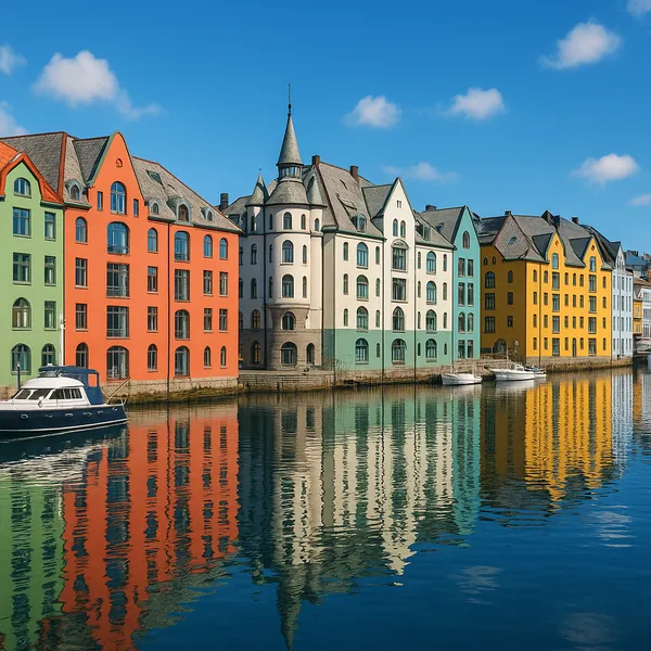 Discover a puzzle with a row of charming waterfront buildings painted in cheerful hues of coral, mint, cream, and sunny yellow, their elegant gables and turrets