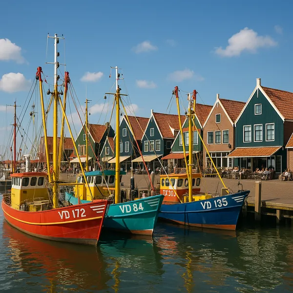 Discover a puzzle with a sunlit harbor scene where three colorful fishing boats — bright red, teal, and deep blue — bob gently in clear water against a row of c