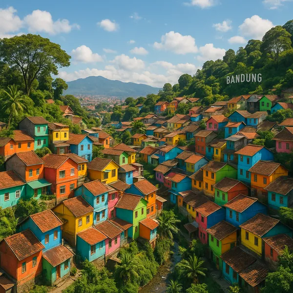 Discover a puzzle with a vibrant hillside village in Bandung, where rows of colorful houses in turquoise, yellow, orange, pink, and green cascade among lush tro