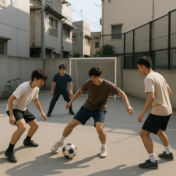 This online jigsaw puzzle features a small urban soccer game set in a concrete courtyard, perfect for anyone who enjoys sports and city scenes.