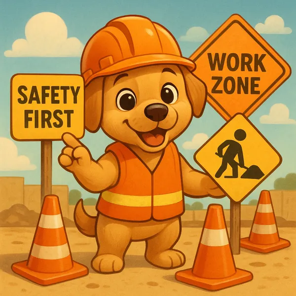Enjoy an online jigsaw puzzle designed for browser play, featuring a cheerful construction pup and bright safety signage in a playful, family-friendly illustrat